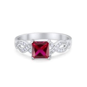 Solitaire Infinity Shank Ring Princess Cut Simulated Ruby CZ 925 Sterling Silver